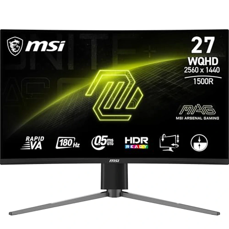 MSI mag 27CQ6PF Monitor Curvo Gaming WQHD 27 Pulgadas, 1500R 2560 x 1440 Rapid VA Panel, 180 Hz / 0.5ms (GtG, Min.), Adaptive-Sync, DP 1.4a, HDMI 2.0b CEC