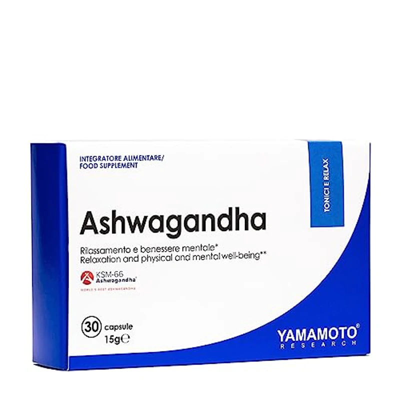 YAMAMOTO RESEARCH, Ashwagandha KSM-66 30 Cápsulas, Complemento Alimenticio con 600 mg de Ashwaganda, Óptimo para el Bienestar Mental y Físico, Alta Concentración