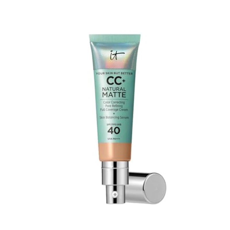 IT Cosmetics, Base de Maquillaje Matificante y Control de Brillo 16h, Minimiza Poros, Hidrata 24h, Your Skin But Better CC+ Natural Matte SPF 40, Tono Neutral Medium, 32 ml