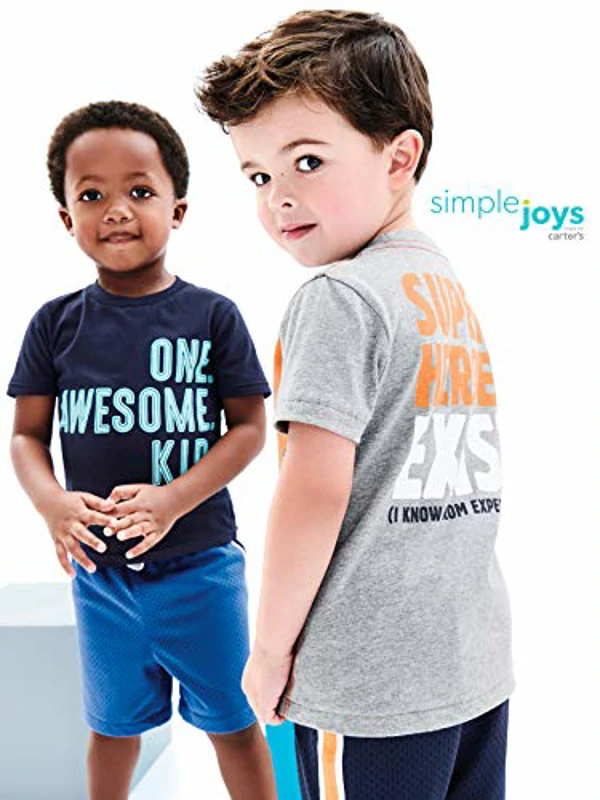 Simple Joys by Carter's 3-Pack Short-Sleeve tee Shirts Camiseta, Azul Marino Estampado con Texto/Azul Rayas/Gris Dinosaurio, 3 años (Pack de 3) para Bebés - Imagen 3