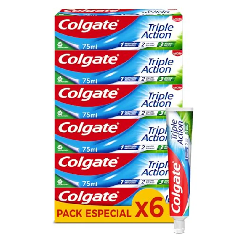 Colgate Triple Acción Pasta de Dientes, Pack 6 Uds x 75ml, Dentífrico con Flúor, Pasta de Dientes Anticaries, Ayuda a Mantener los Dientes Blancos, Refresca el Aliento , para Toda la Familia