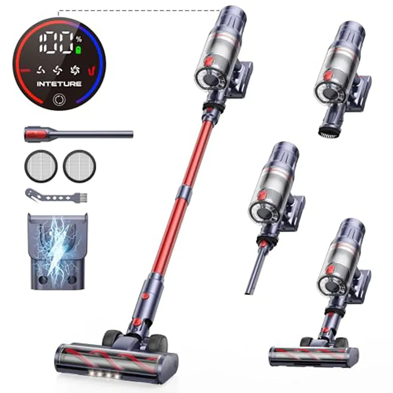 INTETURE Aspiradora sin Cable Vertical 45kPa/550w Estación de Carga en Pared Escoba Aspiradora sin Cable Pontente 60 Mins, Vertical Aspirador sin Cable,Pantalla Táctil Antienredo para Suelo/Alfombra