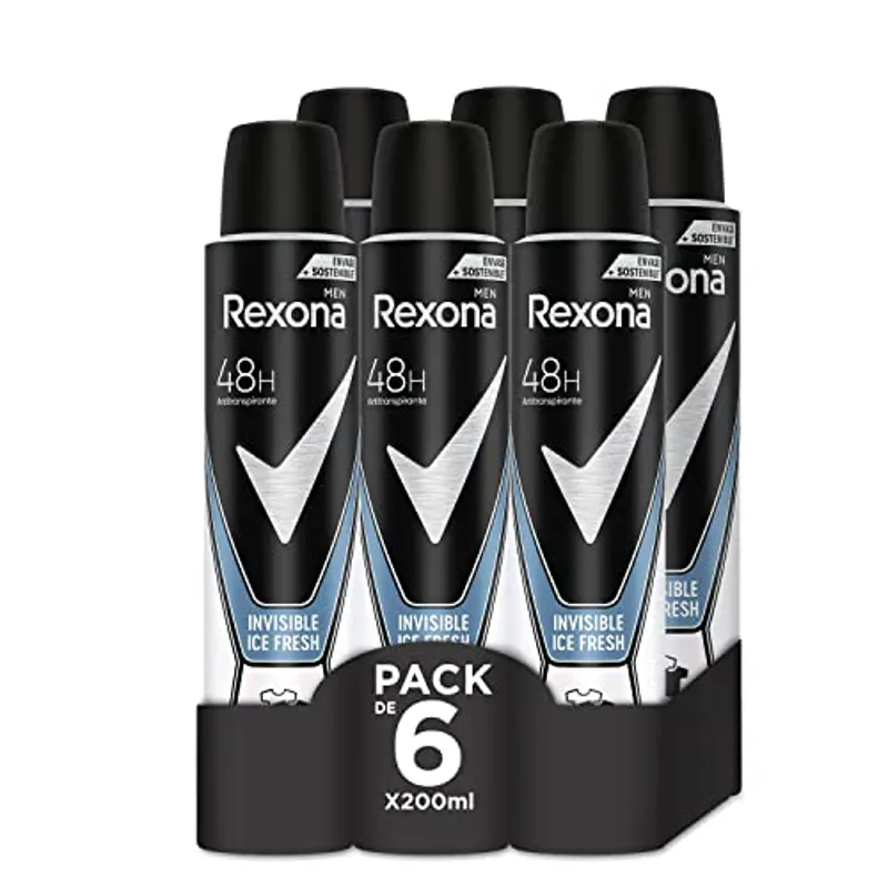 Rexona Invisible Desodorante Aerosol Antitranspirante para hombre Ice 200ml - Pack de 6, El embalaje puede variar