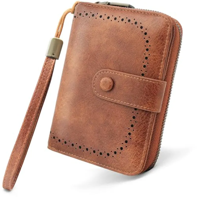 GOUNNU Cartera de Mujer PU Cuero Alta Capacidad Bloqueo RFID Doble Descuento Formato Corto Billeteras Mujer con 32 Ranuras para Tarjetas y Correa Muñeca Marrón