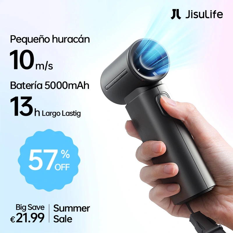JISULIFE Ventilador turbo de mano, viento súper fuerte, 5 velocidades, batería de larga duración, 5000 mAh, recargable por USB, ventilador de bolsillo multiusos - Imagen 1