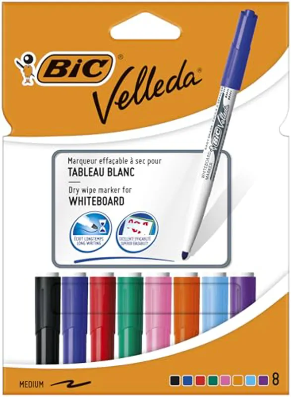 BIC Velleda Rotuladores de Pizarra Blanca, Punta Media (4,5mm), Óptimo para Uso Escolar y Oficinas, Colores Surtidos, Caja de 8