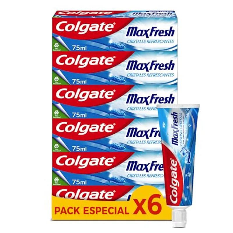 Colgate Max Fresh, Pasta de Dientes con Cristales Refrescantes, Frescor Duradero, Menta Fresca, Exclusivo en Amazon, Pack 6x75ml