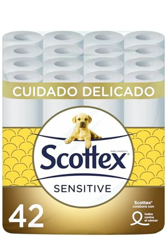 Scottex Papel Higiénico Sensitive 42 rollos con 3 capas cuidado delicado gracias al toque de leche de almendras (7 packs de 6 rollos)