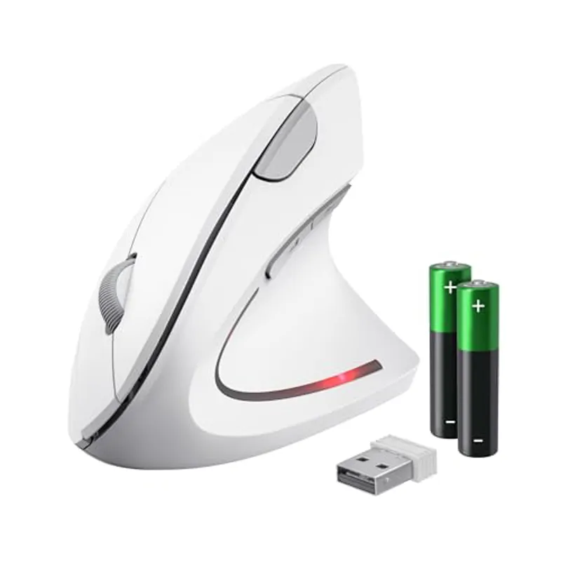 Trust Verto Ratón Vertical Inalámbrico, Ratón Ergonómico Ligero, 800-1600 dpi, 2.4GHz, Microrreceptor USB, para Diestros, PC, Ordenador, Laptop, Desktop, Mac, Pilas Incluidas - Blanco