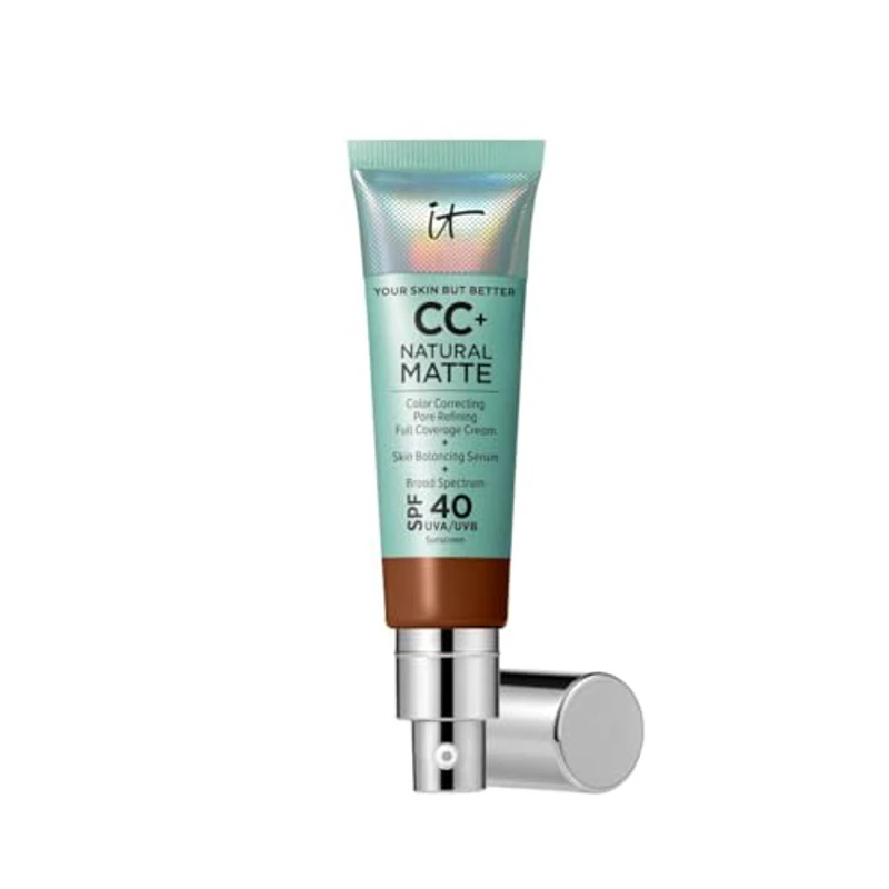IT Cosmetics, Base de Maquillaje Matificante y Control de Brillo 16h, Minimiza Poros, Hidrata 24h, Your Skin But Better CC+ Natural Matte SPF 40, Tono Deep, 32 ml